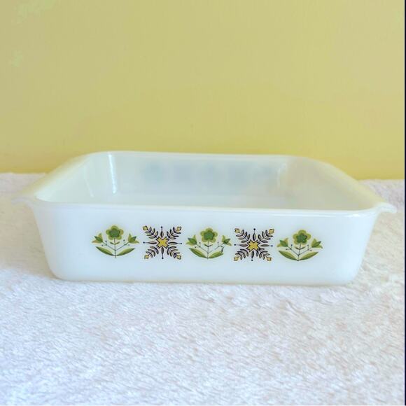 Vtg 60's Green Meadow Fire King Anchor Hocking Baking Dish 8" Square - Picture 1 of 10